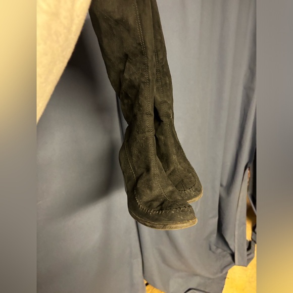 Black Suede-looking Wedge Knee High Boots - Picture 2 of 5